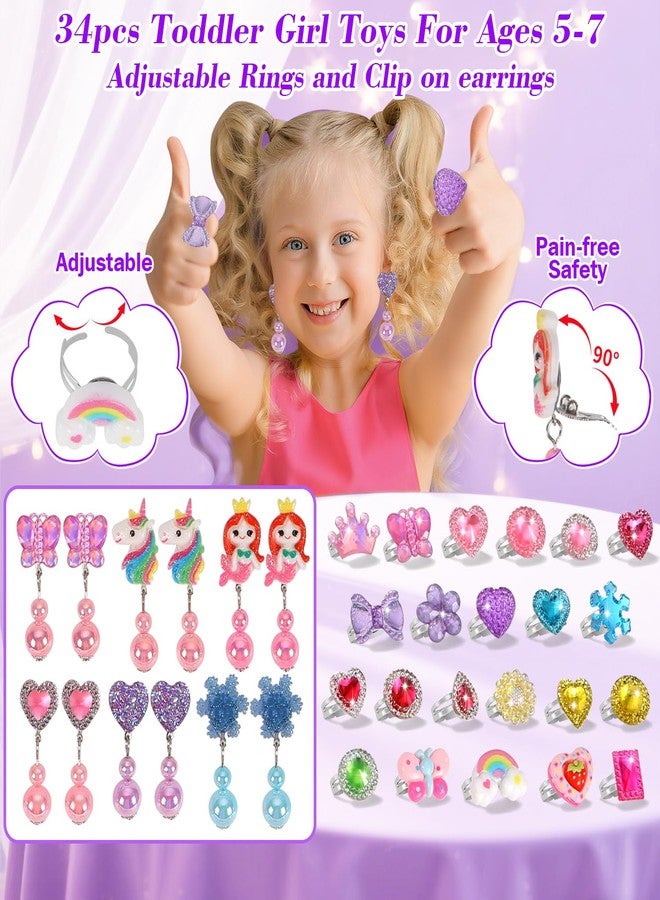 Drabac Toddler Girl Toys for Ages 5-7 Jewelry,34pcs Girls Toys Age 6-8 Clip on Earrings for Girls age 8-10 Kids Princess Toy Adjustable Ring Girl Toy Age 3 4 5 6-8 Year Old Birthday Christmas Gifts - Image 2